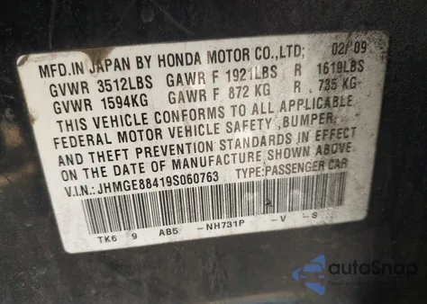 2009 Honda Fit Sport z USA, uszkodzony, nr VIN JHMGE88419S060763